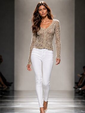 JULIEN MACDONALD ivory and gold ribbon knit cardigan